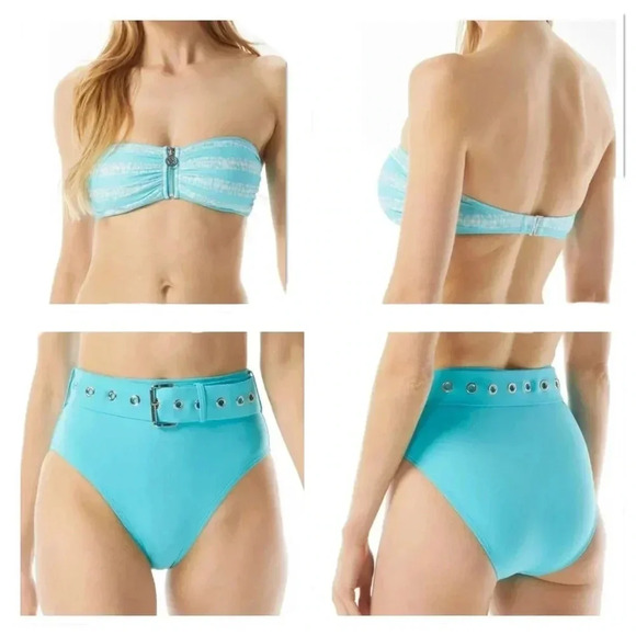 MICHAEL KORS Zip Front Bandeau Kyoto Stripe Turquoise Top and High Waist Bottom - Picture 1 of 10